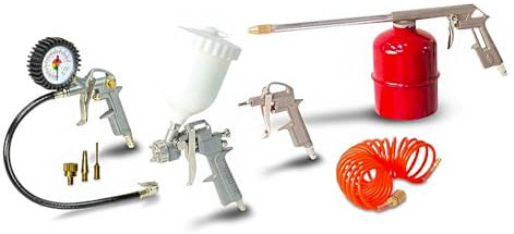 Avilia Juego de Pistolas y aerógrafos para Aire comprimido, Kit compresor con 3 Pistolas para Lavado, inflado de neumáticos y Aire comprimido, 1 aerógrafo y 1 Flexible, Ideal para Eliminar el Polvo