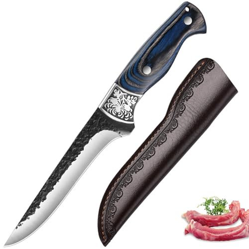 Fubinaty Ausbeinmesser Kochmesser handgefertigt geschmiedet Outdoor-Kochmesser Full Tang High Carbon Steel Küchenmesser mit Lederscheide für Home Camping Jagd BBQ