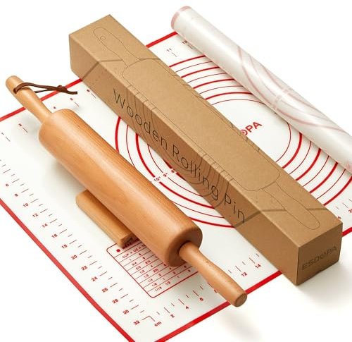ESDOPA Classic Wood Rolling Pin - Wooden Rolling Pins for Baking Silicone Mat Set, Dough Roller with Wood Base, Fondant Roller for Pie Crust Cookies Pizza Dough and Bread, 17 Inch