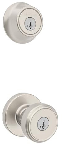 Kwikset Maven Front Door Lock Handle and Deadbolt Set, Entry Handleset Round Exterior with Interior Door Knob, Secure Locking Deadbolt, Satin Nickel, with Microban Protection