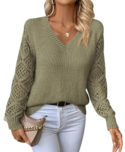 Sweater Mujer Jersey Cuello V Mujer Jerséis Mujer Pullover Women Sueter Punto Mujer Manga Larga Primavera Jerseys Mujeres Jersey de Cuello Pico Punto Señora Modernos Suéter Tejido para Mujer Verde L