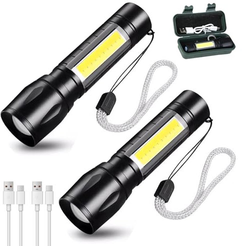 2Pcs LED Torch Rechargeable Super Bright Adjustable Focus Flashlight 3 Lighting Modes Waterproof Long Battery Life Pocket Size Torch for Power Cuts for Emergency Hiking Camping Outdoor Walking