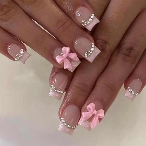 CharmBurst 24 pezzi di unghie finte press-on medie e lunghe, unghie finte quadrate francesi con strass e fiocchi, unghie adesive rosa, unghie artificiali adesive