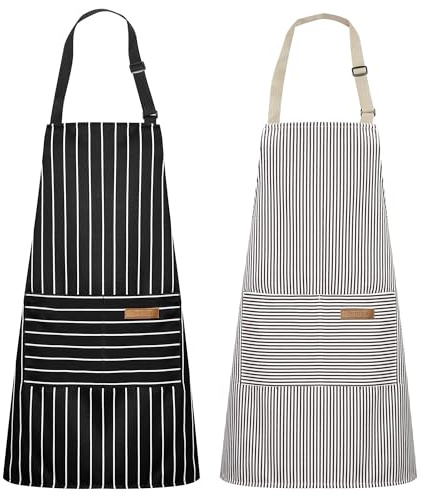 Syntus Apron for Men Women, Adjustable Cooking Kitchen Chef Aprons with 2 Pockets, Basic Stripe Black Brown, 2 Polycotton