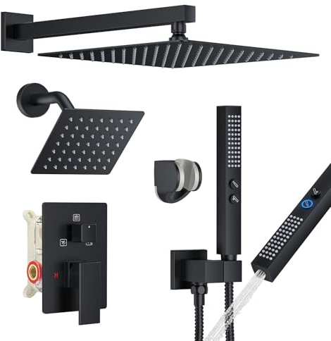 FAROLAN Rain Shower System Matte Black Shower Faucet Set, Dual Rainfall Shower Head Set with 2 in 1 Handheld Spray, Wall Mounted Bathroom 12-inch & 6-inch Square Showerheads with Valve, Matte Black