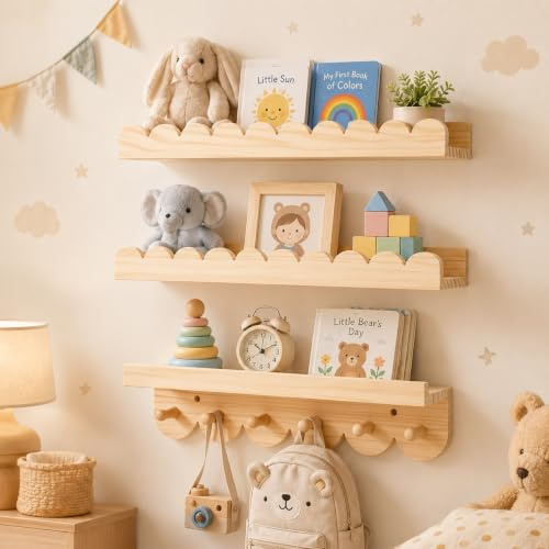 3 Pcs Wooden Nursery Floating Shelves with Hooks 40x12x5cm Wall Mounted | Space‑Saving Vertical Storage, Practical Hooks, Complete Mounting Fittings, Easy Installation, For Books Toys & Home Decor