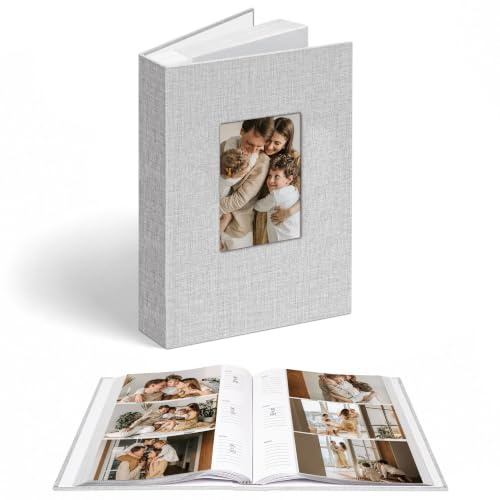 Vienrose Álbum de Fotos Lino 6x4 300 Fotos Gran Capacidad con Ventana, Bolsillos Ácido-Free, Álbum de Recuerdos con Espacios para Notas, Regalo para Bodas, Familia, Bebé, Aniversario (Gris)