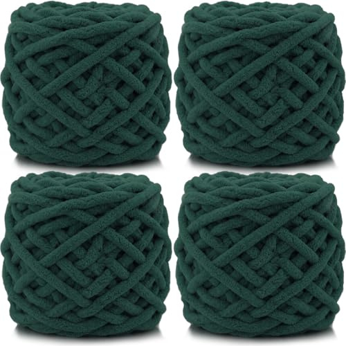 Lighterday Super Chunky Knit Chenille Yarn 4 x 100g Multi-Colored Crochet Wool for Hand Knitting Blankets,Knitting Wool for Big Blankets Sock and Scarves (Dark Green)
