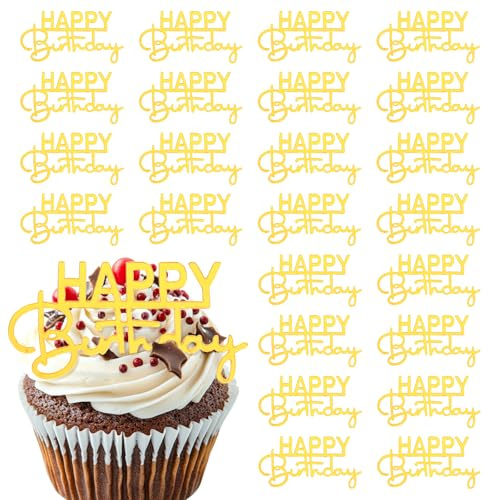 XLIUAX Happy Birthday Cupcake Toppers, 24 Pcs Birthday Cupcake Toppers Acrylic Topper for Celebrating Bday Mini Cakes Decoration Gold Happy Cupcakes Anniversary Theme Party Mirror Sign