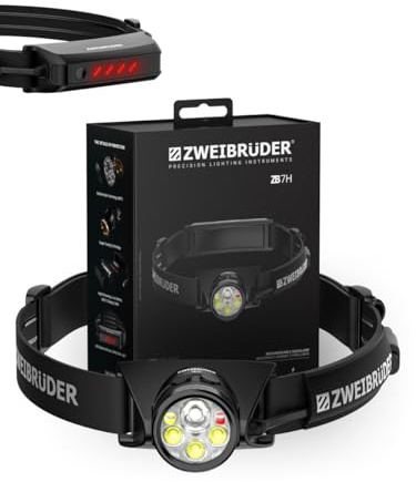 Zweibrüder ZB7H Linterna Frontal LED Recargable 1200 Lúmenes – Linterna de Cabeza con Digital Focus, Luz Roja y Luz Trasera, USB-C Integrado, Ideal para Outdoor, Running y Camping