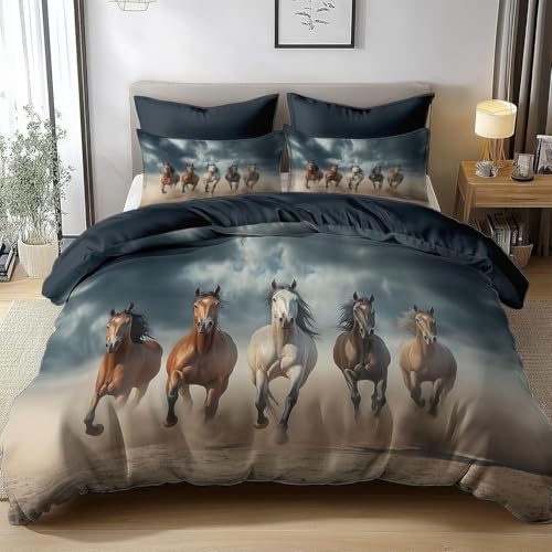 CCZM Cavallo Copripiumino Una Piazza e Mezza Fattoria, Biancheria da Letto Cavallo Marrone in Microfibra, 1 Parure Copri Piumone Animale Selvatico con 2 Federe 50x80 cm con Cerniera, F-467