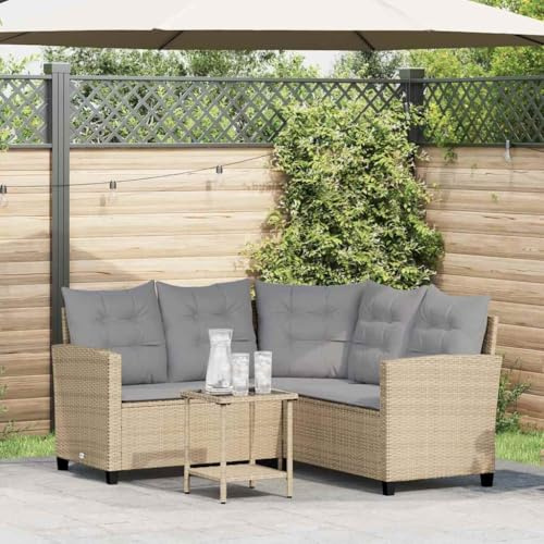 Frdhee Sofa Terrassensofa Ecksofa Loungesofa,Gartensofa in L Form mit Tisch und Kissen Beige Poly Rattan,Für Balkon,Garten,Outdoor Lounge,Einfach Zu Montieren
