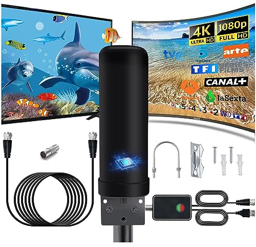 Antenne TV Extérieure Intérieur, IP66 Antenne TNT Réception du Signal à 360 Degrés avec Signal Amplificateur, Câble Coaxial de 13m et Protégé Contre la Foudre pour DVB-T TDT HDTV 1080P 4K DTMB VHF UHF