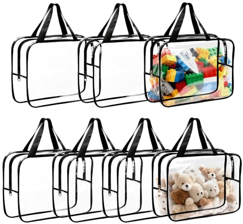 7 Packs Toy Storage Bags, 11.8 * 8.6 * 3.9inch Clear PVC Organiser Bags with Handle and Zips, Portable Toy Organizer for Puzzle, Building Blocks, Books (Black)