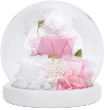 Ghzste Blommor Glasklotlampa med Bevarade Rosor och LED-belysning (Typ 1) | Handgjord Glaskupol, Bas Av Massivt trä, Romantisk Glöd för Inredning i Sovrummet, 3-5 års Blomsterliv