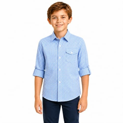 Bienzoe Plaid Gingham Boys Shirts: Picture Day | 100% Cotton, Collared Button Down Ages 4-13, School Family Holiday Photos, Roll-Up Sleeves, Chest Pocket, Casual, Easy Care