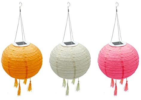 LUMI JARDIN Lot de 3 lampion solaire lanterne chinoise 3 couleurs rose crème et orange LED blanc chaud SHANGRI LA ∅20cm