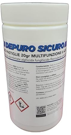 Cloro Multifunzione, Pastiglie 20 Grammi Cloro Polifunzione Dicloro, Battericida Alghicida, Flocculante, Schiarente, Fungicida per Acqua Piscina Barattolo 1 kg (20gr, 2)