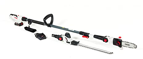 NAC PHCB18-B15-S2 cortasetos 18 V con pértiga, con una cuchilla cortada por láser de 400 mm de largo y motosierra a batería con pértiga NAC y cadena y espada OREGON 20 cm (8”)