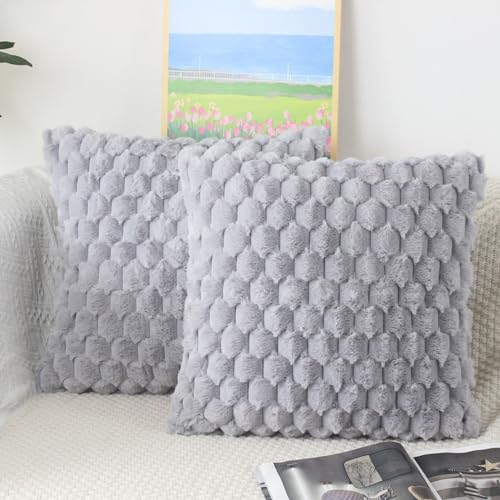 NIULAA Flauschig Kissenbezug 40x40 Grau 2er Set Plüsch Deko Kissenbezüge Weich Gestreift Kissenhülle Luxus Pelz Dekokissen Sofakissen Zierkissen Kuschelig Kissen Bezüge Wohnzimmer Sofa