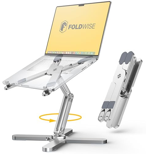 FoldWise X Laptopstativ för Skrivbord – 100% Aluminium, 360° Roterande Bas, Vikbar, Justerbar Höjd och Vinkel, Robust MacBook- och Laptopstativ upp till 17 Tum (Silver)