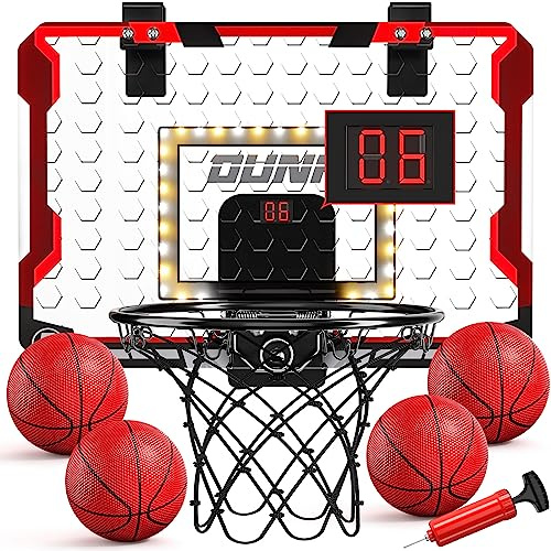TEMI Panier de basket d’intérieur, panier de basket LED avec 4 ballons et tableau d’affichage électronique, panier de basket au-dessus de la porte pour garçons, filles, enfants et adolescents de 5, 6
