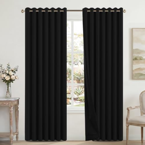 H.Versailtex 100% Blackout Curtains for Bedroom with Black Liner Eyelet Curtains for Living Room Full Room Darkening Thermal Insulated Window Drapes, 2 Panels, 90 x 90 Inch, Black