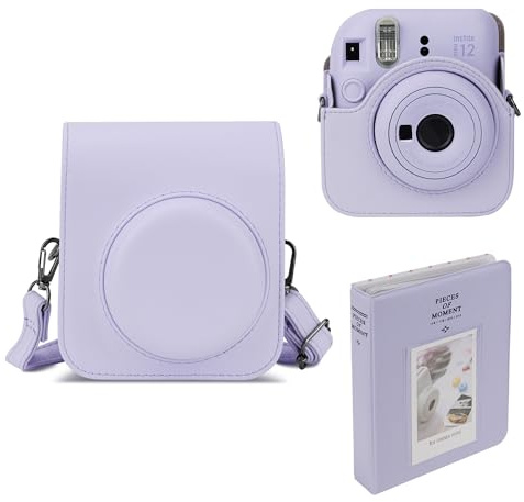 Mumlicha PU-läder kameraväska och 64 fickor fotoalbum kompatibel med Fujifilm Instax Mini 12 direktbildskamera, mini 12 skyddsfodral med justerbar axelrem (lila)