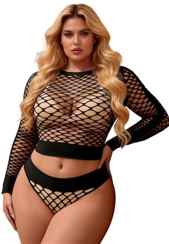 ohyeahlady Women's Lingerie Ladies Hollow Out Fishnet Top Bodysuit Outfits Teddy Sheer Mesh Naughty Festival Outfit Black 3XL-5XL