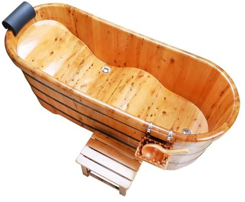 Qcesorib Freestanding Wooden Bathtub with PU headrest, All-Wood Bathtub for Indoor with Small Stool, Contemporary Soaking Wooden Tub with Hanging Basket, for Hot Bath Ice Bath