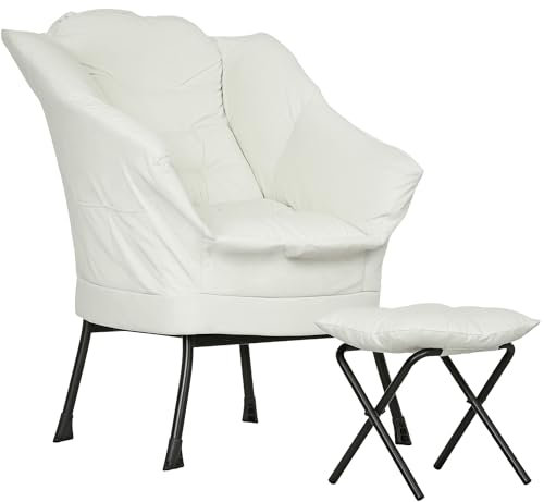 HOMCOM Sillón de Salón con Reposapiés Sillón de Relax Butaca para Dormitorio con Bolsillos Laterales y Patas de Acero para Sala de Estar Crema