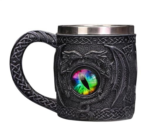Taza de cerveza de dragón - taza medieval de resina con inserto de acero inoxidable, mango artesanal moldeado | Tankard Dungeons Dragon 's Eye, vasos de cerveza nórdicos y celtas, regalo para