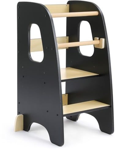 Growaystory Torre Montessoriana, Learning Tower Sicura con Altezze Regolabili, Torre di apprendimento con Doppia Barra di Protezione, Antiscivolo & Sistema Anti-Ribaltamento(Nero)