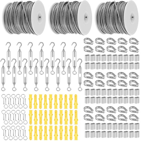 300ft 1/16 Wire Rope Kit Vinyl Coated Stainless Steel Wire M5 Turnbuckles for Outdoor String Light Hanging Kit, Clothesline Cable, Curtain Hanging (3set*100ft)