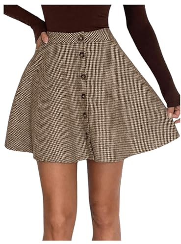 Milumia Women's Vintage Plaid Button Mini Skirt High Waist A Line Flared Pleated Skirts Fall Winter Outfits Brown Small