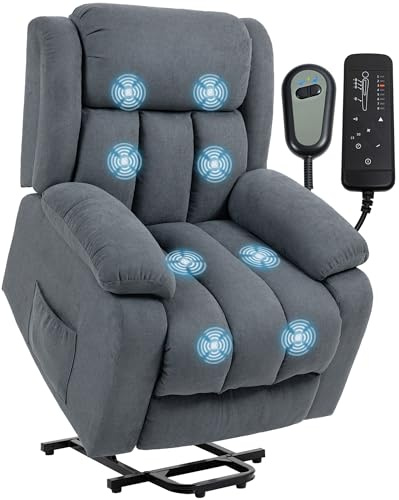 HOMCOM Power Lift Recliner Chair with Massage, Linen Overstuffed Lift Chair for Elderly, Electric Recliner Armchair with Footrest, Remote Control and Side Pocket, for Living Room, Grey