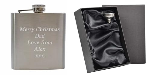 Personalised Engraved 6oz Hip Flask Gift Set | Complete with Luxury Gift Box & Funnel | Perfect for Christmas, Birthday, Fathers Day, Wedding Present etc (Silver)