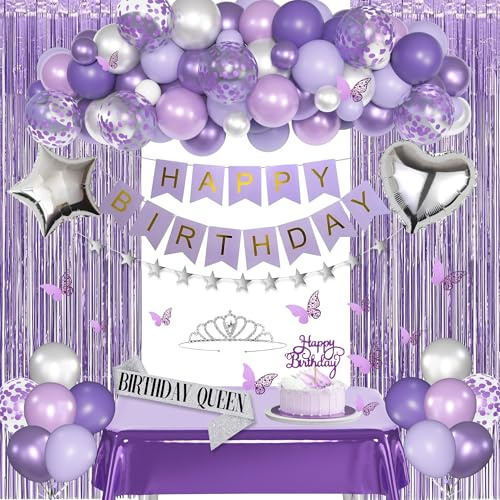 BlueCloudy Decoración de cumpleaños morada para mujer, globos foil lavanda plata, mantel, banda, corona, cortinas de flecos, bandera Feliz Cumpleaños, guirnalda estrellas purpurina, mariposa