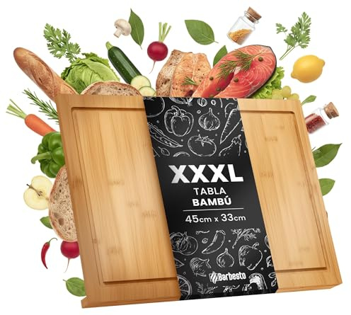 CLP Grande planche ŕ découper en bois XXXL 45 x 33 cm, planche de cuisine en bambou avec bord d'appui et rigole ŕ jus, antibactérienne, Taille: