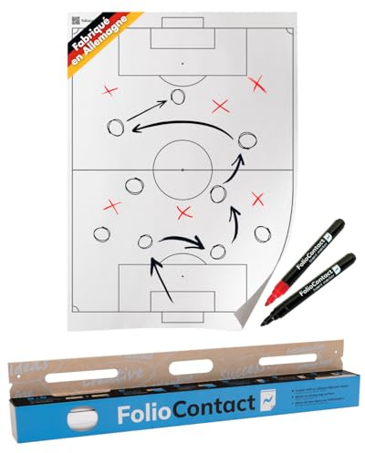 FolioContact - Tableau tactique de football - 60 x 80 cm - Film tactique statique auto-adhésif avec 25 feuilles et 2 marqueurs pour tableau - Effaçable et réinscriptible - Alternative au tableau
