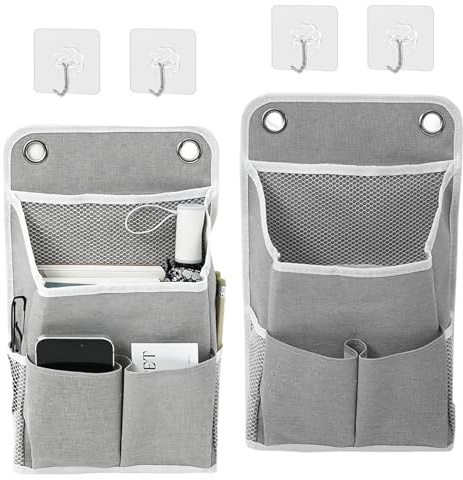 HUSOUE 2 Stück Hängeorganizer mit 4 Haken, Faltbare Hängeaufbewahrung Leinenstoff Wandorganizer Hängetasche für mit 5 Taschen Badezimmer Schlafzimmer Wohnmobil (Grau, 36x22x10 cm)
