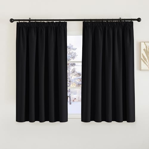 PONY DANCE Blackout Pencil Pleat Curtains, Black, W66 x L54 Inch, 2 Panels | Thermal Insulated Curtains with Noise Reducing & Privacy, Luxury Soft Window Treatment for Bedroom & Living Room