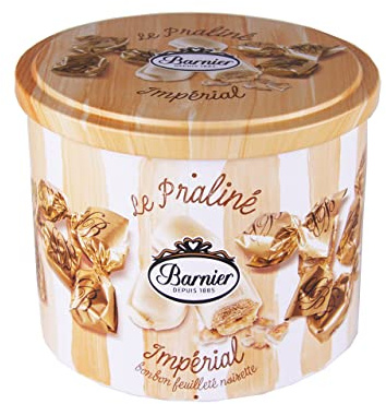 Le praliné Impérial - bonbon feuilleté à la main - noisette - fabrication par les Maîtres Confiseurs de la Maison Barnier - boite en fer ronde 200 g