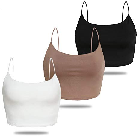 Amilia Women's Basic Solid Cami Spaghetti Double Layer Crop Tank Top (Black&White&Light Brown, S)