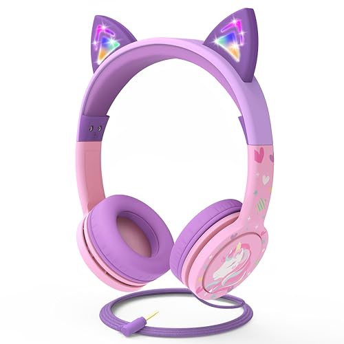 FosPower Trådbundna 3,5mm Barnhörlurar med LED Kattöron - Babyrosa