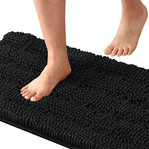 LINFKY Badematte rutschfest Luxus Chenille Gestreifte Badezimmerteppich Extra weiche und saugfähige Mikrofaser Hochflor Teppiche Schnelltrocknende Badvorleger Waschbar (Schwarz,150 x 50 cm)
