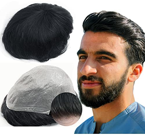 Toupee for Men Yanahair Straight Hair Pieces Mens Toupee Replacement System 100% European Real Human Hairpieces Hair System 0.04mm Soft Thin Skin PU V-loop (#1 Jet Black, 8x10)