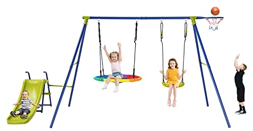 GYMAX 4 in 1 Kids Swing Set, Metal Swing A-Frame with Swings, Slide and Basketball Hoop, Outdoor Children Playground Playset for Garden, 200kg Weight Capacity