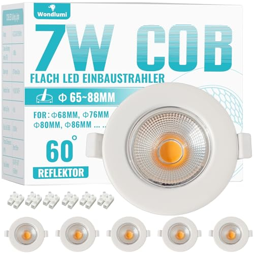 Wondlumi 6x Faretti LED da Incasso per Cartongesso,7W Equivalenti a 65W 600LM,Foro 65-85mm Luce Calda 2700K per Cucina,Interno,Faretti Led Soffitto COB 220V