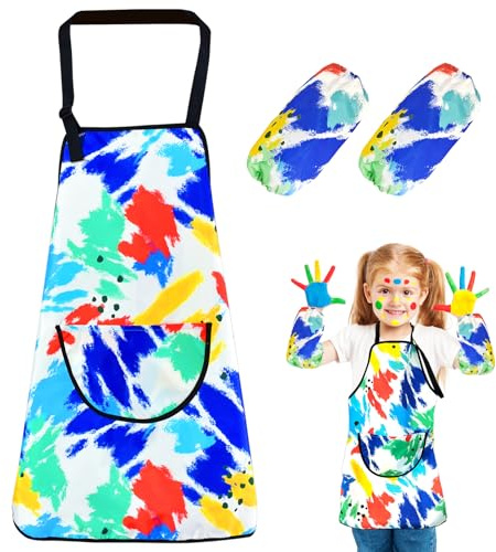 Cosysparks Kids Painting Apron, Graffiti Kids Kids Aprons Art Apron with Pocket and 2 Sleeves Adjustable Waterproof Children Artist Apron for 5-8 Boys Girls Drawing, Baking, Water Play